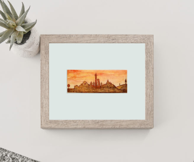 Skyline di Bologna. Tecnica: acquaforte e acquerello.